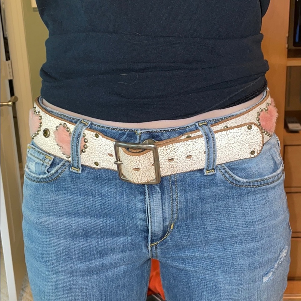 White Weathered Belt Adorned w/ Furry Hearts &Gems